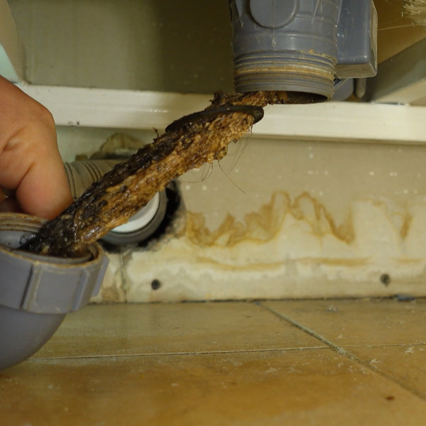 A blocked shower with is in the process of being unblocked