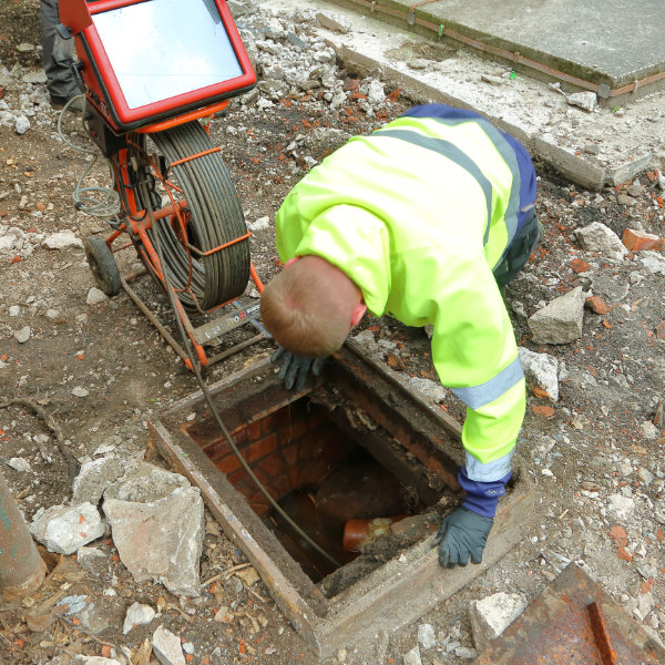 A drain expert inspecting a drain system through a manhole cover